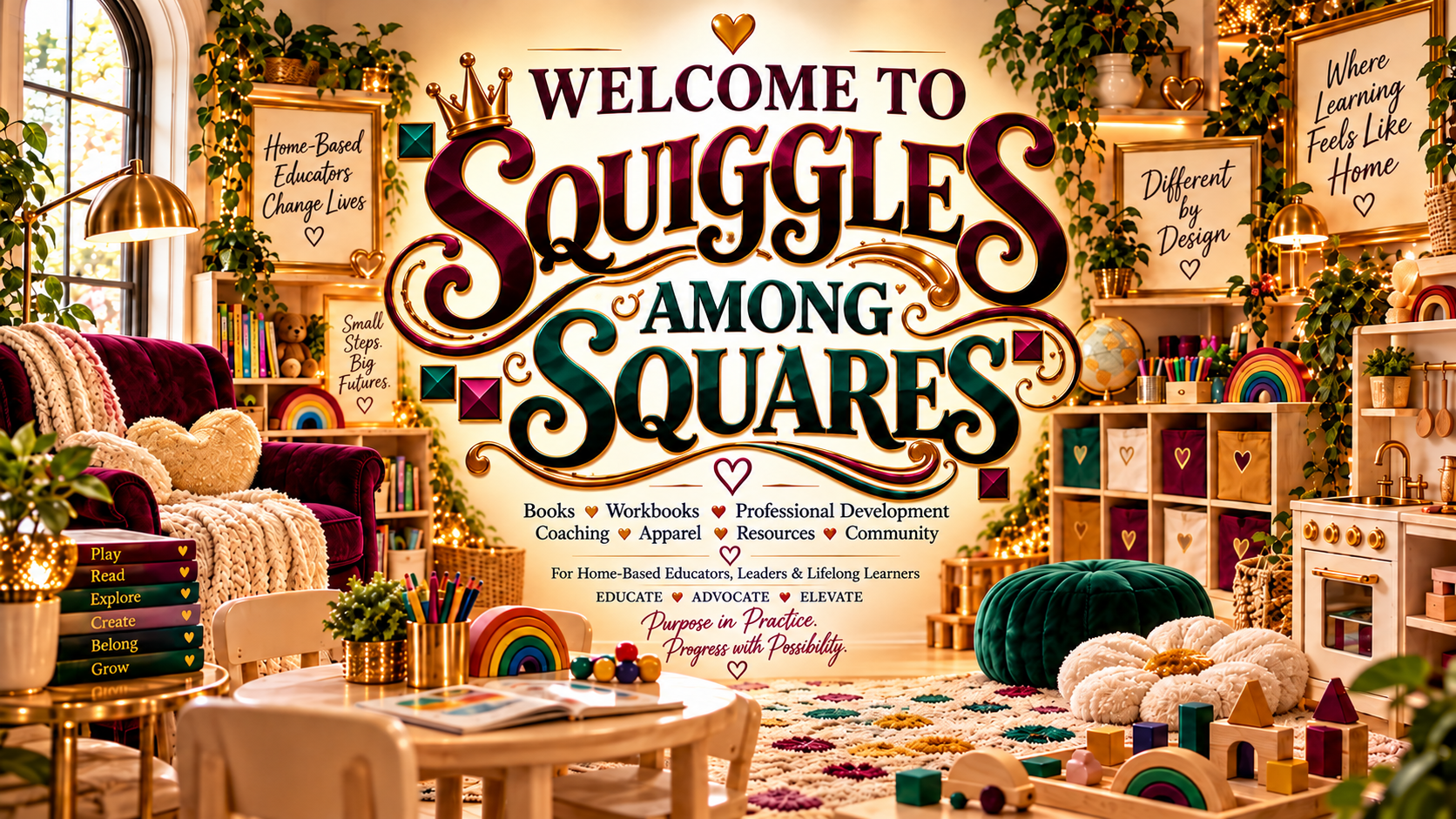 Welcome to Squiggles Among Squares — a warm home learning playroom with books, workbooks, coaching, apparel, resources and community for home-based educators